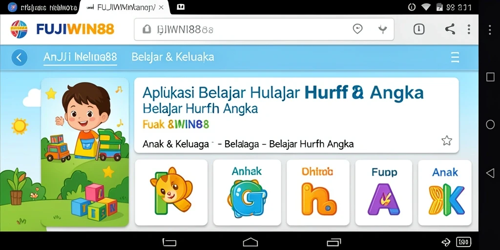 Tampilan antarmuka FUJIWIN88 saat belajar huruf dan angka.