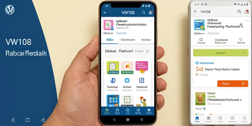Screenshot aplikasi VW108 menampilkan antarmuka flashcard yang interaktif.
