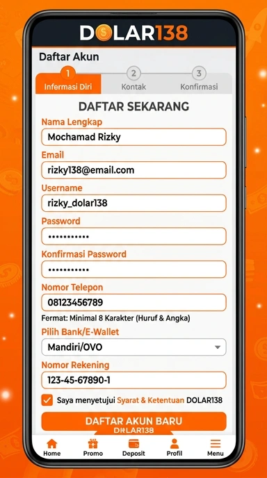 Tampilan halaman daftar dolar138